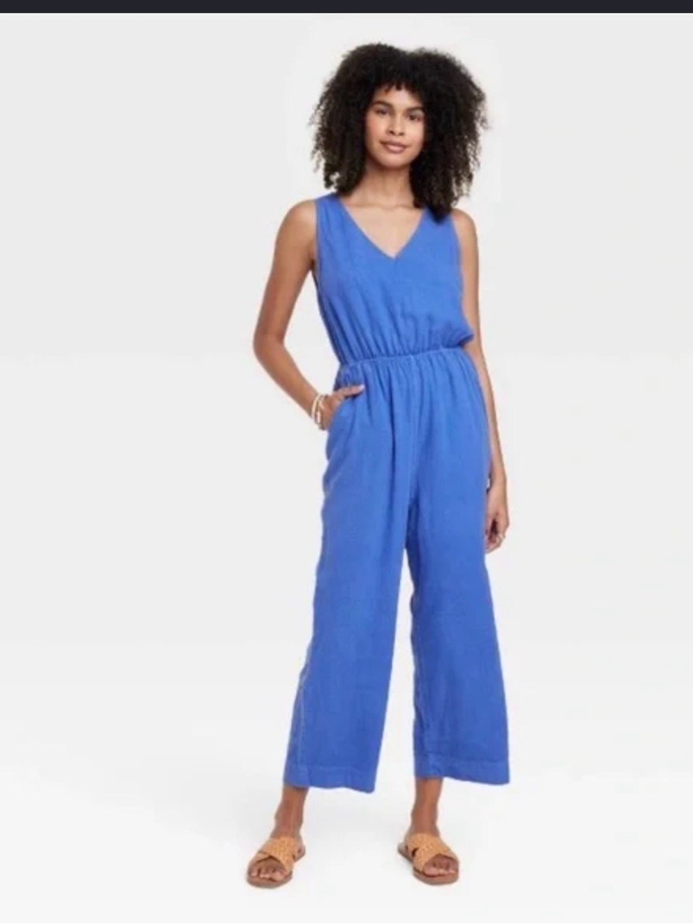 NWT Universal Thread Blue Linen Blend Open Back Jumpsuit Large